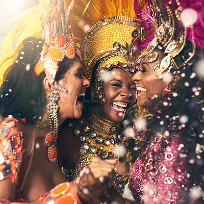 Buy stock photo Women, laughing or samba carnival dancers in Brazilian in celebration event, street night party or city performance. Dancing festival, feathers or fashion costume for smile, happy or bonding friends