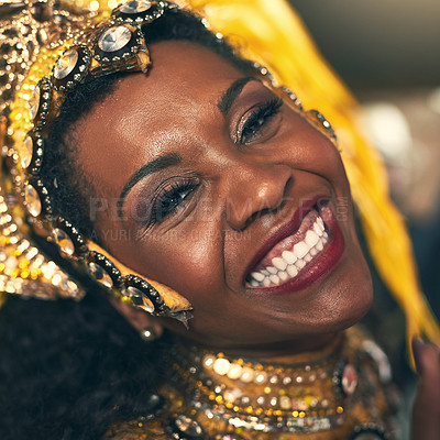 Buy stock photo Portrait of black woman, carnival dancer and Brazil culture, samba party and celebration. Face of happy female dancing in rio de janeiro at music festival, performance or creative event with energy 