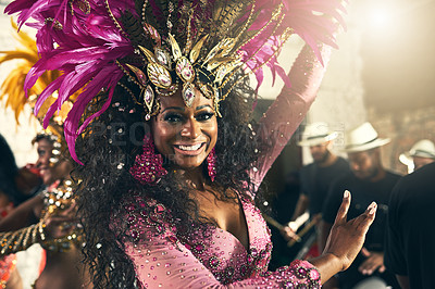 Buy stock photo Party, dancing and portrait of samba dancer at carnival, festival and traditional celebration in Brazil. Culture, costume and face of black woman ready for dance, performance and music with band