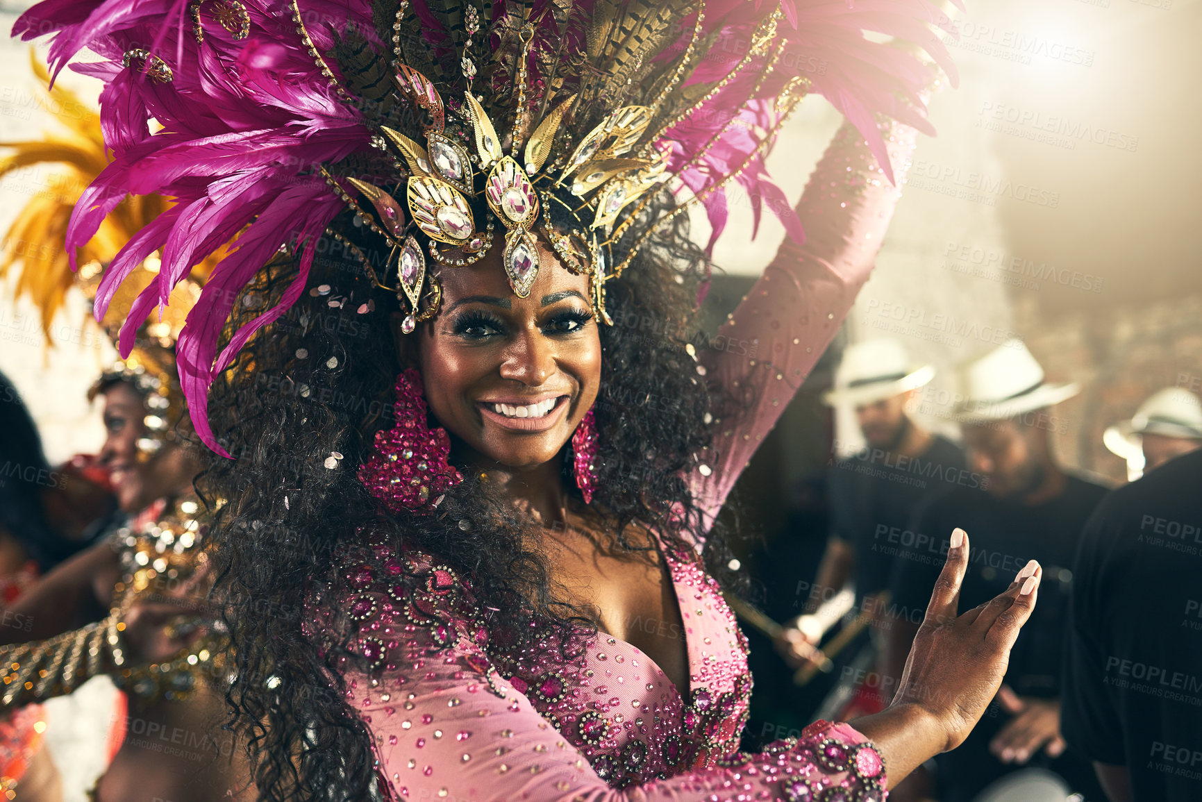 Buy stock photo Party, dancing and portrait of samba dancer at carnival, festival and traditional celebration in Brazil. Culture, costume and face of black woman ready for dance, performance and music with band