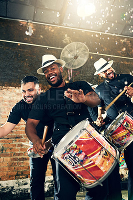 Buy stock photo Cropped shot of a group of drummers performing at Carnival