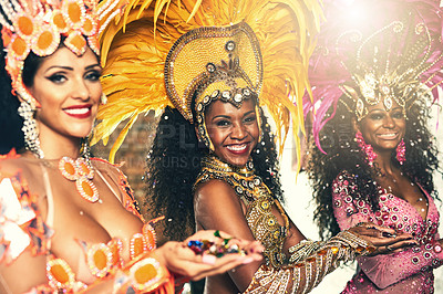 Buy stock photo Dance, samba and portrait of women at event outdoor for culture, tradition and celebration. Happy, smile and people from Brazil dancing at traditional festival, concert or carnival in Rio de Janeiro.