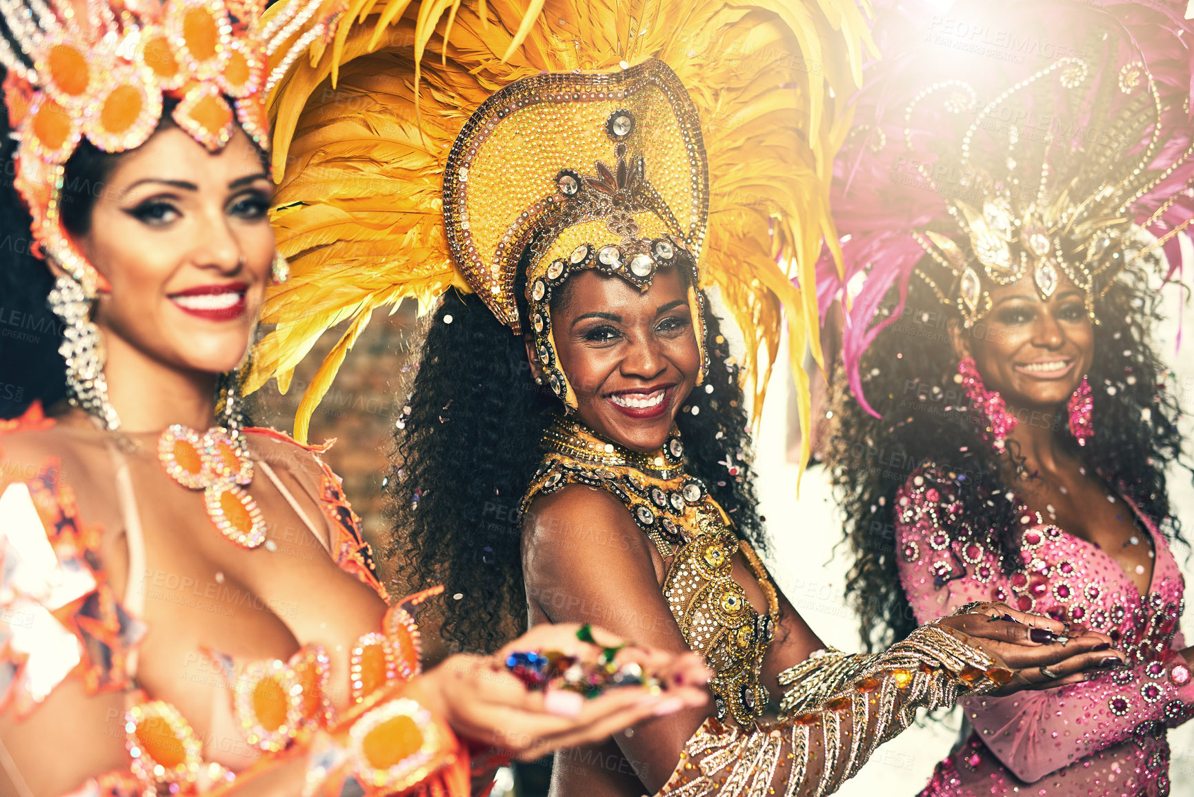 Buy stock photo Dance, samba and portrait of women at event outdoor for culture, tradition and celebration. Happy, smile and people from Brazil dancing at traditional festival, concert or carnival in Rio de Janeiro.