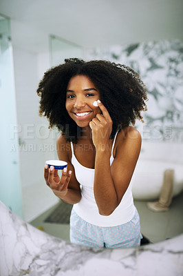 Buy stock photo Skincare, smile and portrait of black woman in bathroom mirror with cream, dermatology and morning routine. Health, wellness and luxury skin care at home, happy girl in reflection with lotion on face