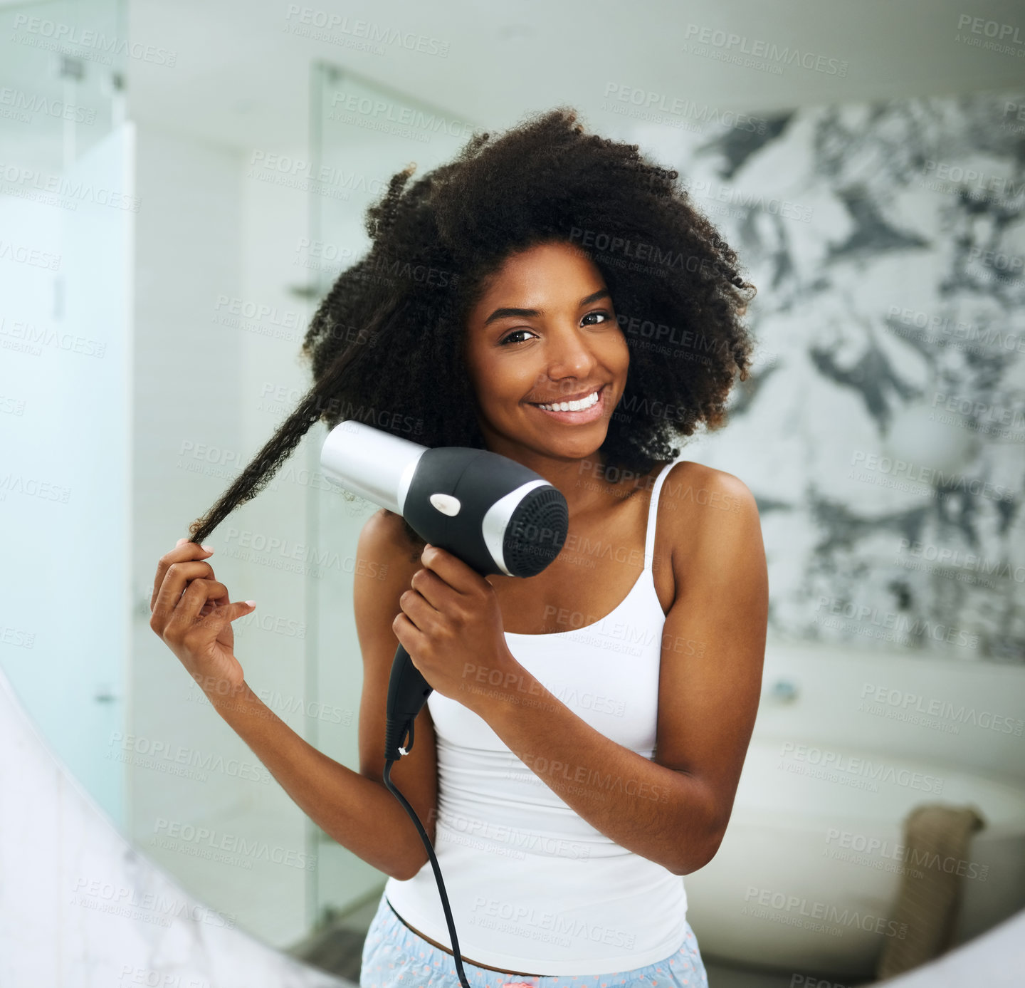 Buy stock photo Black woman, portrait and blow dryer in mirror for haircare, daily routine and morning styling for frizz control or self care. Girl, cosmetic product and reflection in home with afro for natural hair