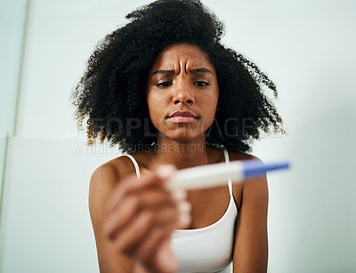 Buy stock photo Stress, worry and black woman with negative pregnancy test in bathroom, apartment or house. Upset, maternity and pregnant results with fertility stick for ivf, motherhood crisis and bad news