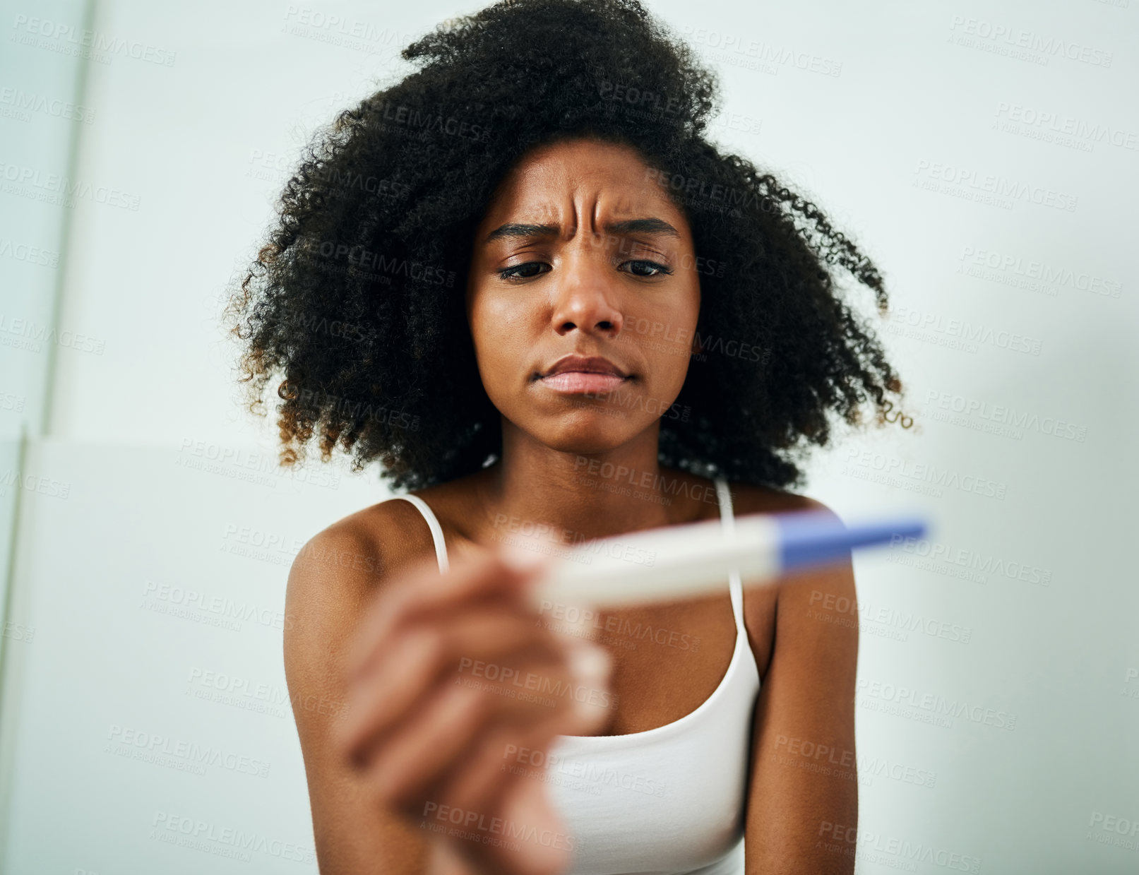 Buy stock photo Stress, worry and black woman with negative pregnancy test in bathroom, apartment or house. Upset, maternity and pregnant results with fertility stick for ivf, motherhood crisis and bad news