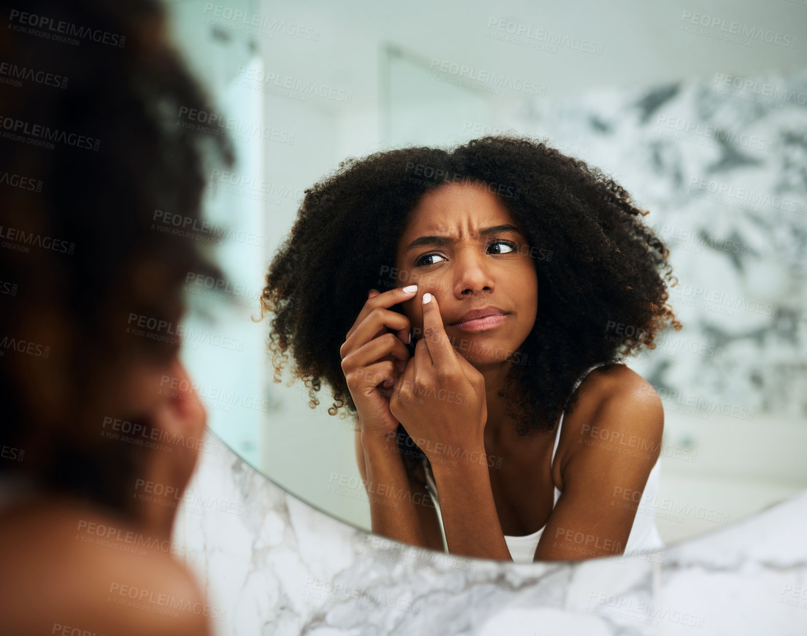 Buy stock photo Mirror, acne and black woman in bathroom for cosmetic, skincare and natural face routine. Hygiene, dermatology and reflection of female person with facial treatment, cleaning and morning in home