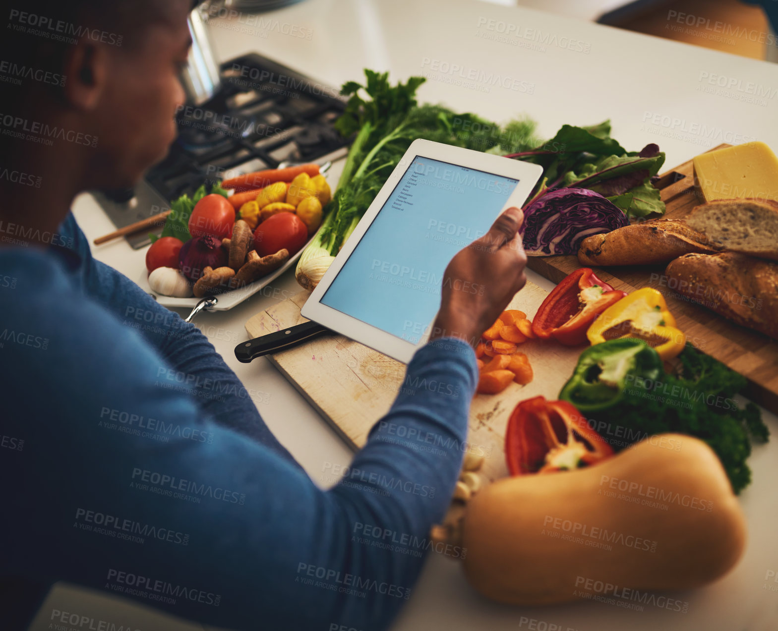 Buy stock photo Black man, kitchen and screen of tablet with vegetables recipe for cooking with diet, nutrition and fresh food. Healthy, home and space with research for organic ingredients and vegetarian meal