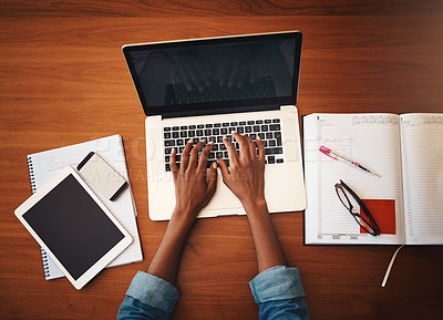 Buy stock photo Woman hands, online typing and laptop with education and learning notes at home. Top, female person and computer working with studying, student notebook and writing in a house doing web research