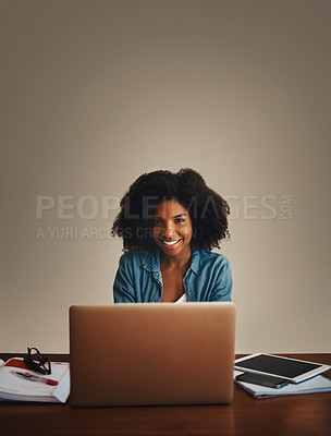 Buy stock photo Student, smile and home or portrait on laptop, online and assignment submission for university in apartment. Black woman, internet and citation research for project, academic website and elearning
