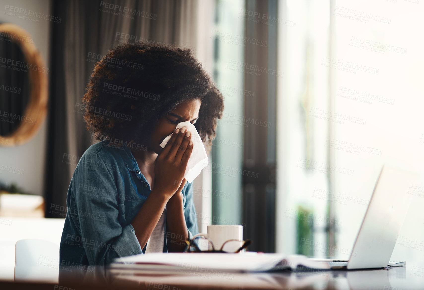 Buy stock photo Woman, remote work and allergy in house with tissue for covid, laptop for creative job or email marketing. Female person, bacteria and computer for social media with cloth in home, sick or flu virus