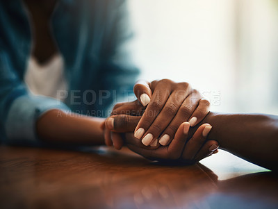 Buy stock photo Empathy, love and support with friends and holding hands for comfort, kindness and gratitude. Hope, help and trust with closeup of people at home for depression, praying and forgiveness