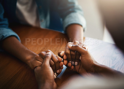 Buy stock photo Empathy, prayer and support with friends and holding hands for comfort, kindness and gratitude. Hope, help and trust with closeup of people at home for depression, praying and forgiveness
