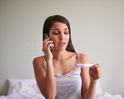 Buy stock photo Pregnancy test, phone call and woman in bedroom in home for online chat, communication and news. Smartphone, pregnant and person with medical stick for fertility results, maternity and talking on bed