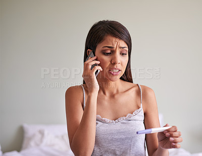 Buy stock photo Woman, phone call and pregnancy test with anxiety announcement and connection in bedroom or house. Female person, reading and results as nervous for news, information or communication in conversation