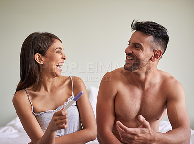 Buy stock photo Happy couple, pregnancy test and love in bedroom for positive results, excited and news of family. Woman, man and laugh as together in home as parents for future, growth and development in fertility