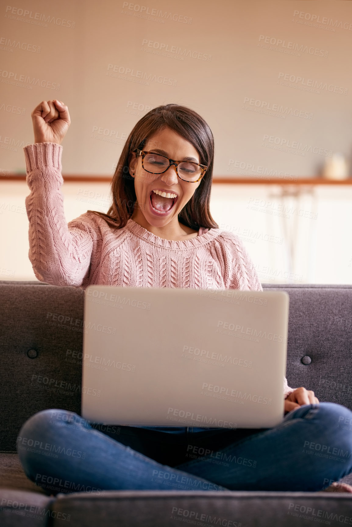 Buy stock photo Excited, celebration and woman with laptop, home and cheering for victory, win and online competition. Notification, happy and person with joy, lottery and success in living room, fist and house