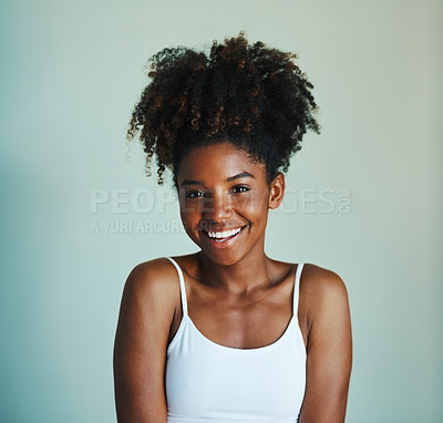 Buy stock photo Happiness, youth and portrait of black woman on studio background with afro, smile and skincare. Beauty, dermatology and happy African girl, model with mockup, natural cosmetics and beautiful face.