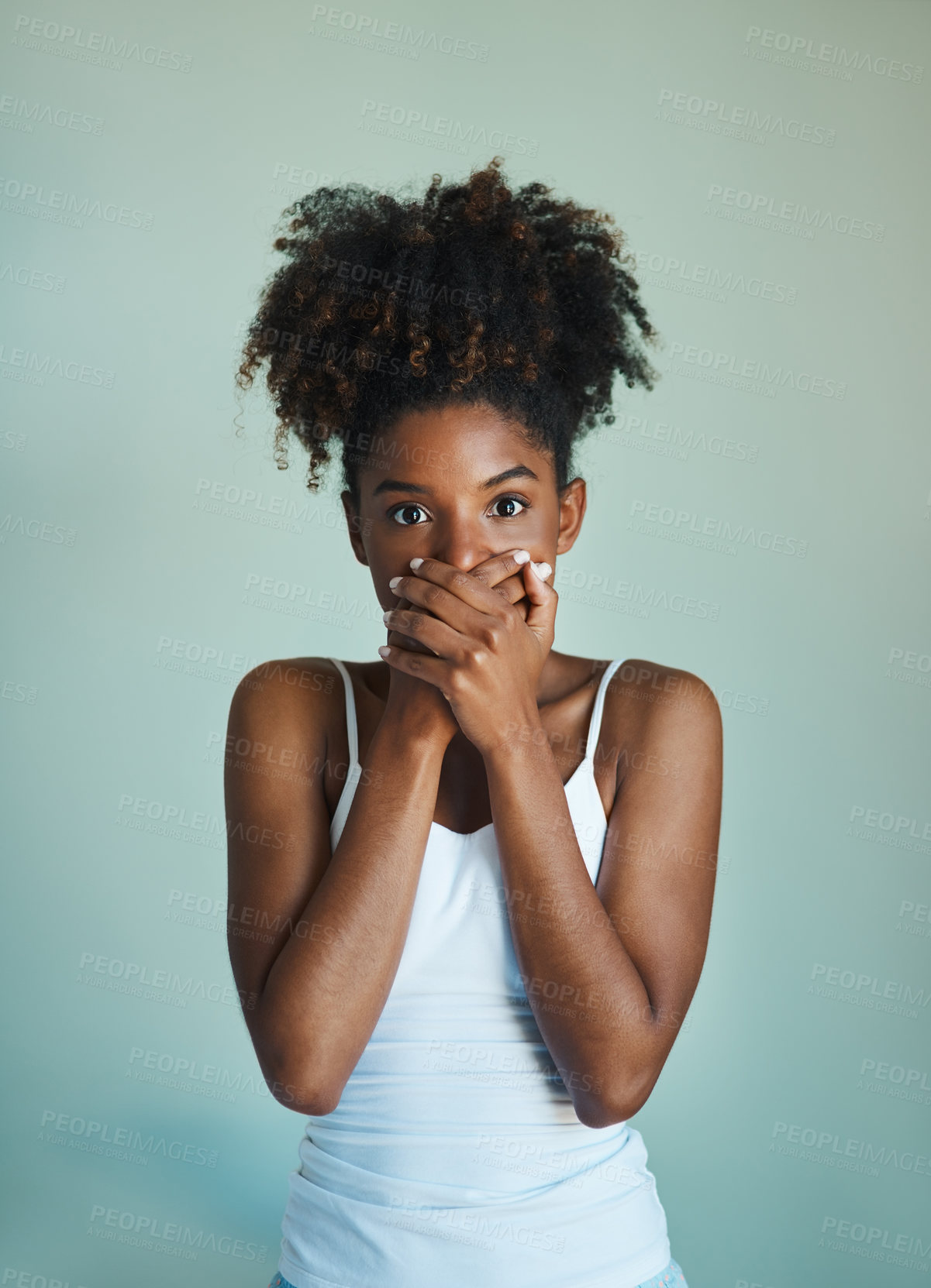 Buy stock photo Portrait, omg and shock with black woman in studio on gray background for reaction to gossip. News, surprise news and wow with hand over mouth of person for drama, notification or secret information