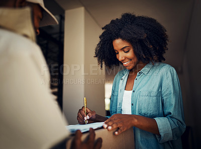Buy stock photo Woman, man and front door with package, sign or e commerce for shipping service with smile at house. African girl, box or happy for supply chain, courier or logistics with mail, signature and paper