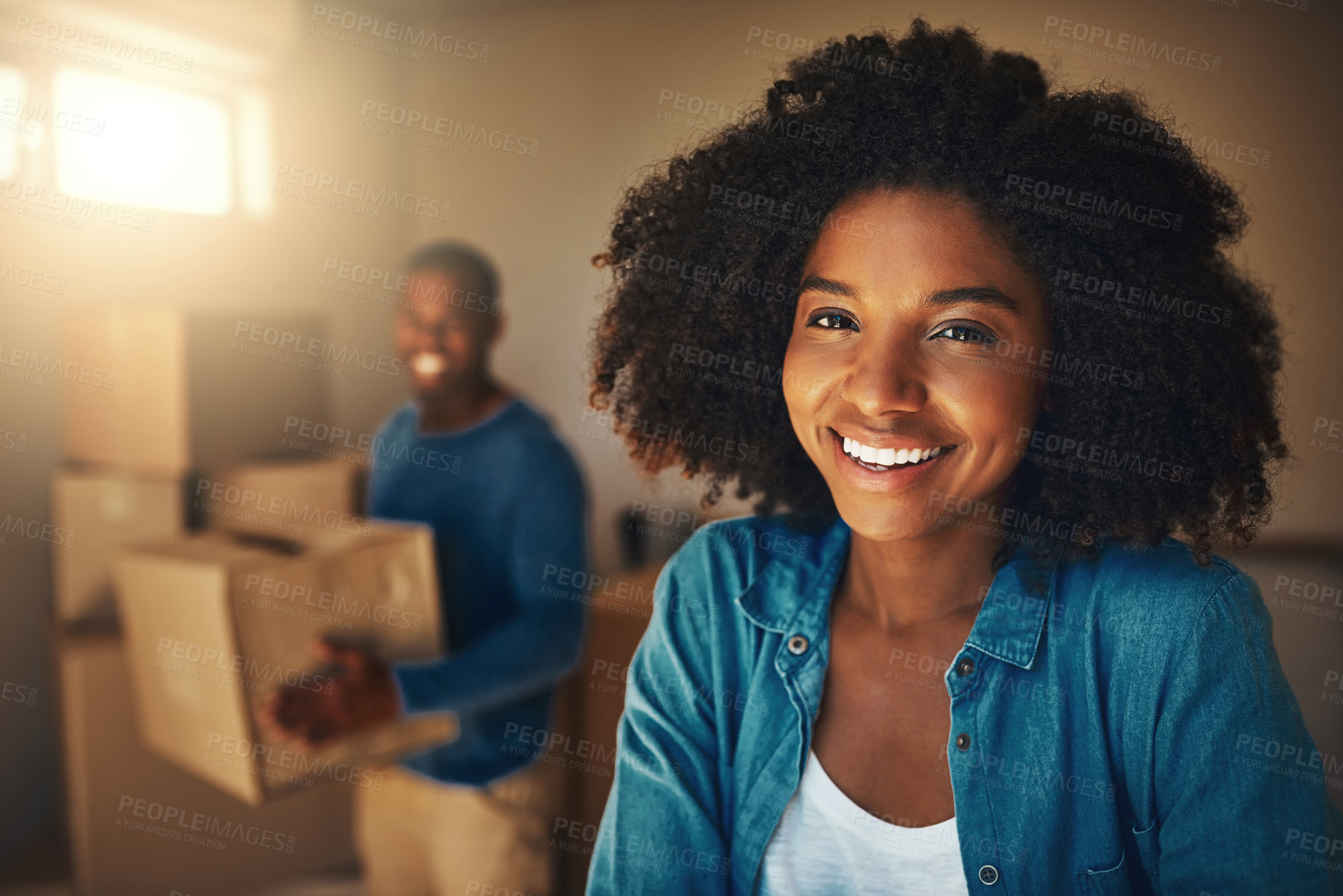 Buy stock photo Box, moving day and portrait of woman in home with man for packing or relocation of real estate. Growth, investment and property with face of happy owner in apartment for finance, loan or mortgage