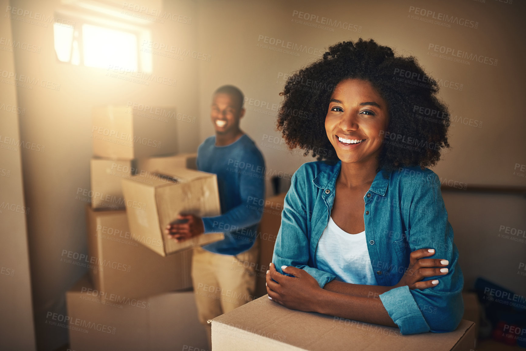 Buy stock photo Box, moving day and portrait of woman in new home with man to pack for relocation of property. Growth, investment and real estate with face of happy owner in apartment for finance, loan or mortgage