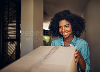Buy stock photo African woman, front door and package for delivery, e commerce and shipping service with happiness at house. Girl, box and smile for supply chain, customer experience and cargo for mail at apartment