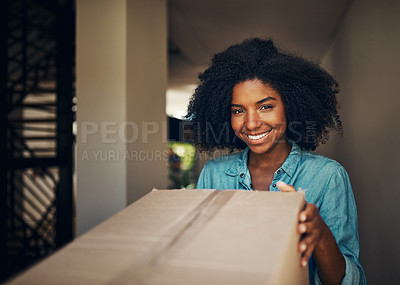 Buy stock photo African woman, front door and box for delivery, e commerce or service in portrait with smile at house. Girl, package and happy for supply chain, customer experience and cargo for mail at apartment