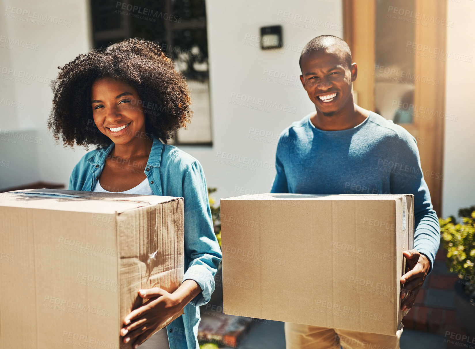 Buy stock photo Outdoor, portrait and couple with boxes at new home for moving in, real estate or property investment. Smile, black man and happy woman with cardboard for relocation, mortgage or dream purchase