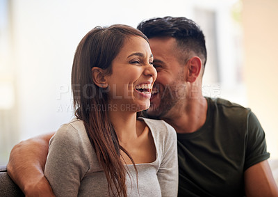 Buy stock photo Couple, relax and laugh for watching tv at house for streaming movie, film and multimedia subscription. People, rest and meme with funny entertainment, cinema service and bonding together for comfort