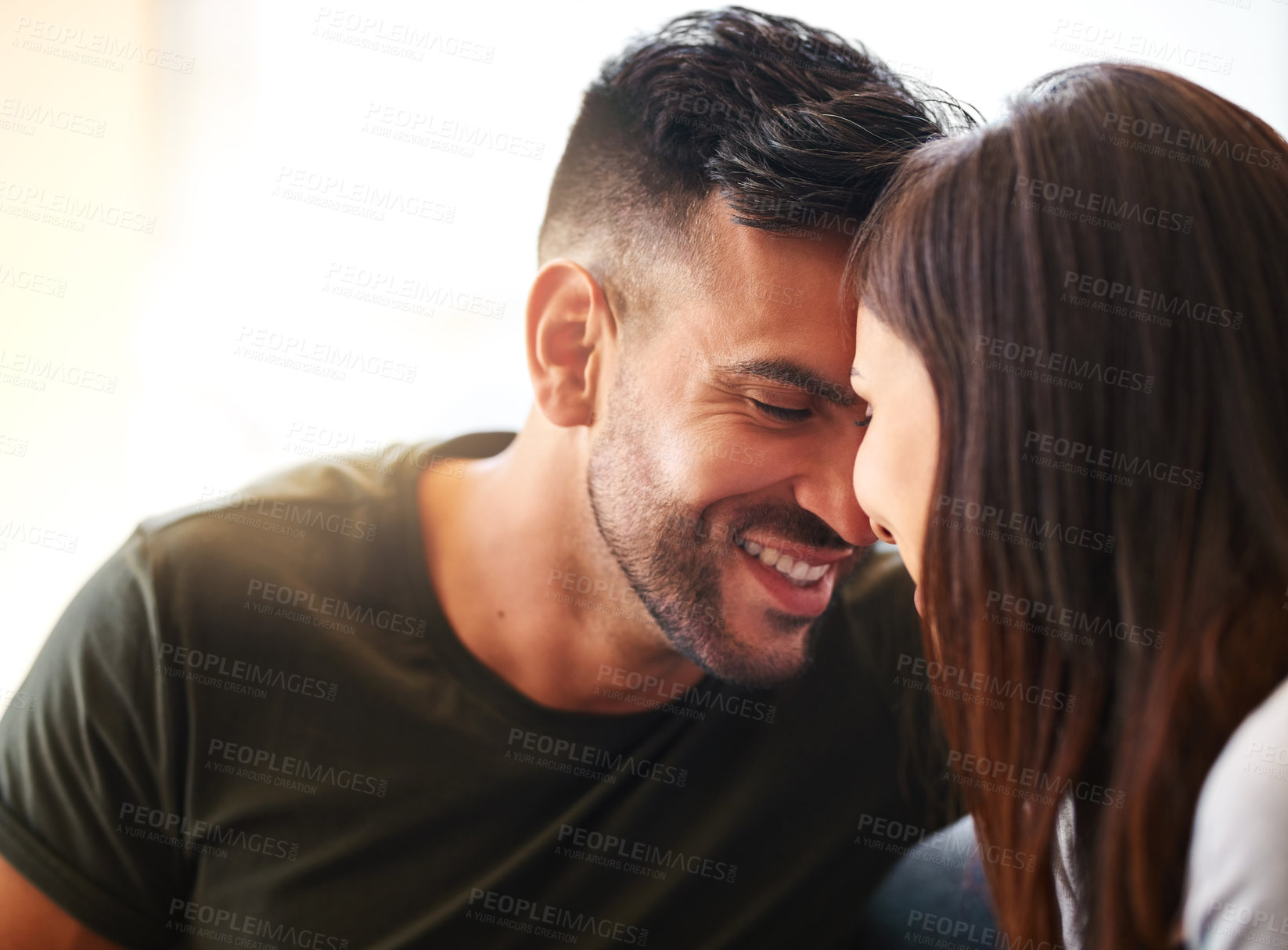 Buy stock photo Smile, couple and forehead touch at house for love, bonding together and healthy relationship for security. Happy, people and affection with calm morning, romance and partner gratitude for commitment