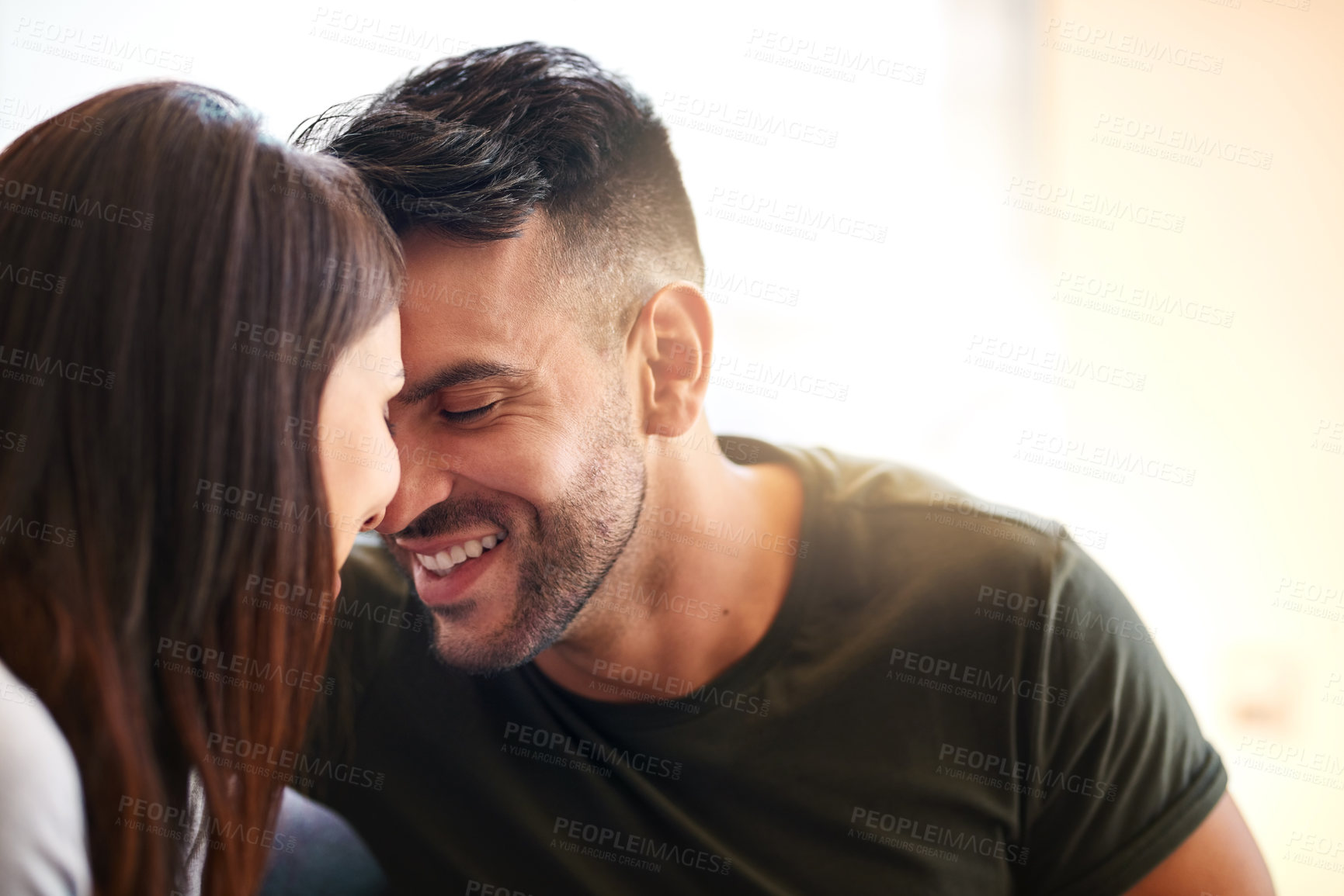 Buy stock photo Happy, couple and forehead touch at house for love, bonding together and healthy relationship for security. Smile, people and affection with calm morning, romance and partner gratitude for commitment