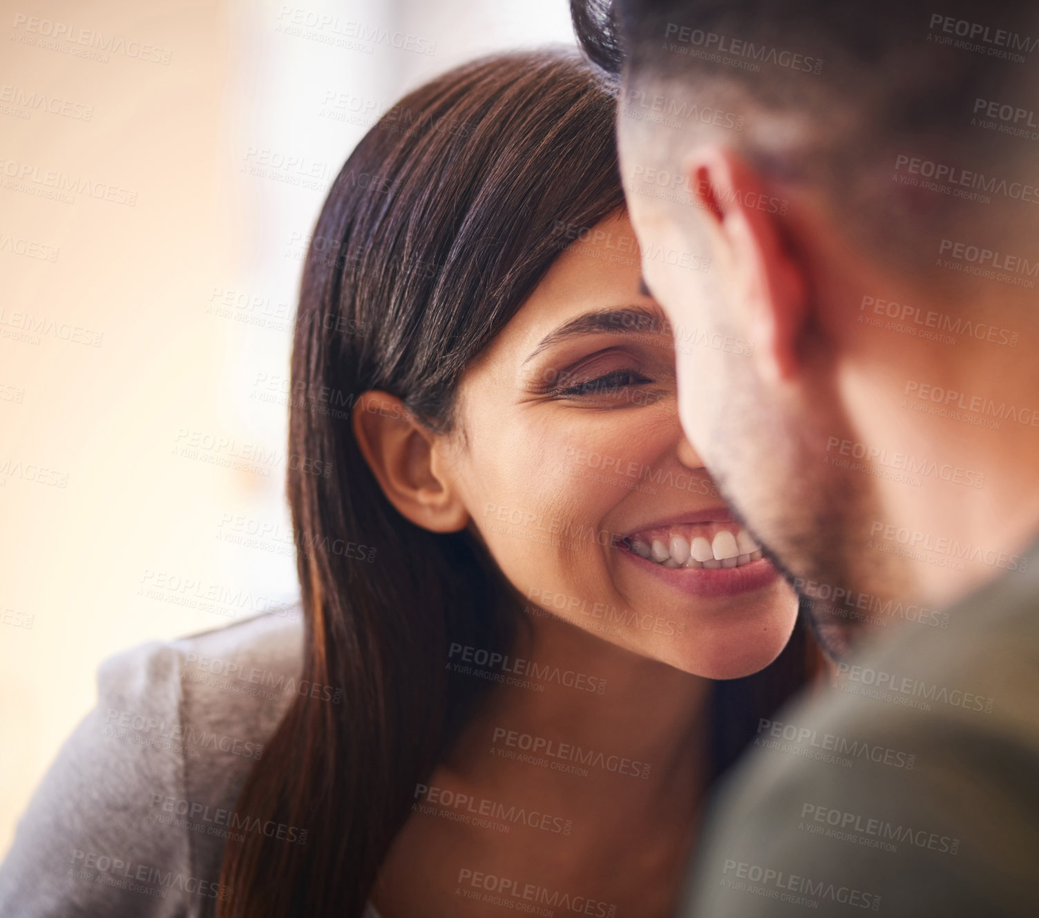 Buy stock photo Happy, couple and touch of nose at house with love, bonding together and healthy relationship for security. Smile, people and affection with calm morning, romance and partner gratitude for commitment