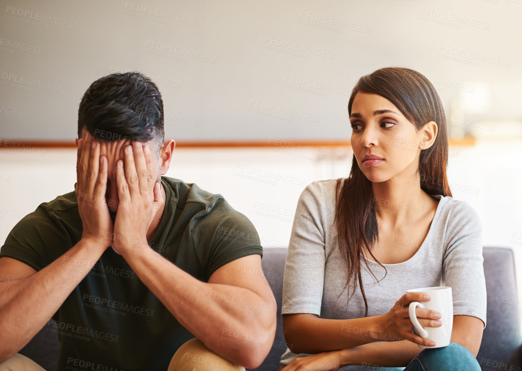 Buy stock photo House, fighting or couple on sofa, stress or relationship with marriage, depression or anxiety. Apartment, argument or man with woman, ignore or cheating with anger, toxic or frustrated with conflict