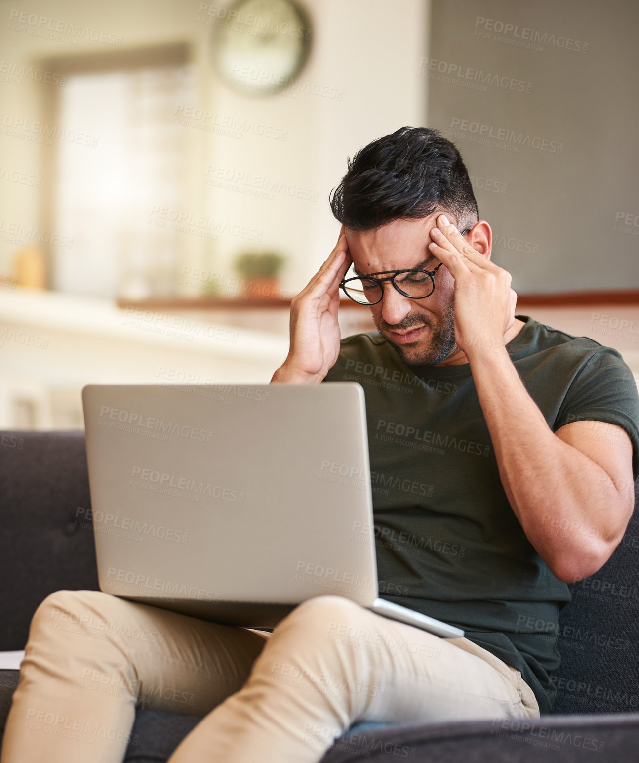 Buy stock photo Man, headache and laptop for remote work at house with burnout stress, brain fog and vertigo of deadline. Tired, person and migraine with online mistake, project error and copywriting crisis for fail