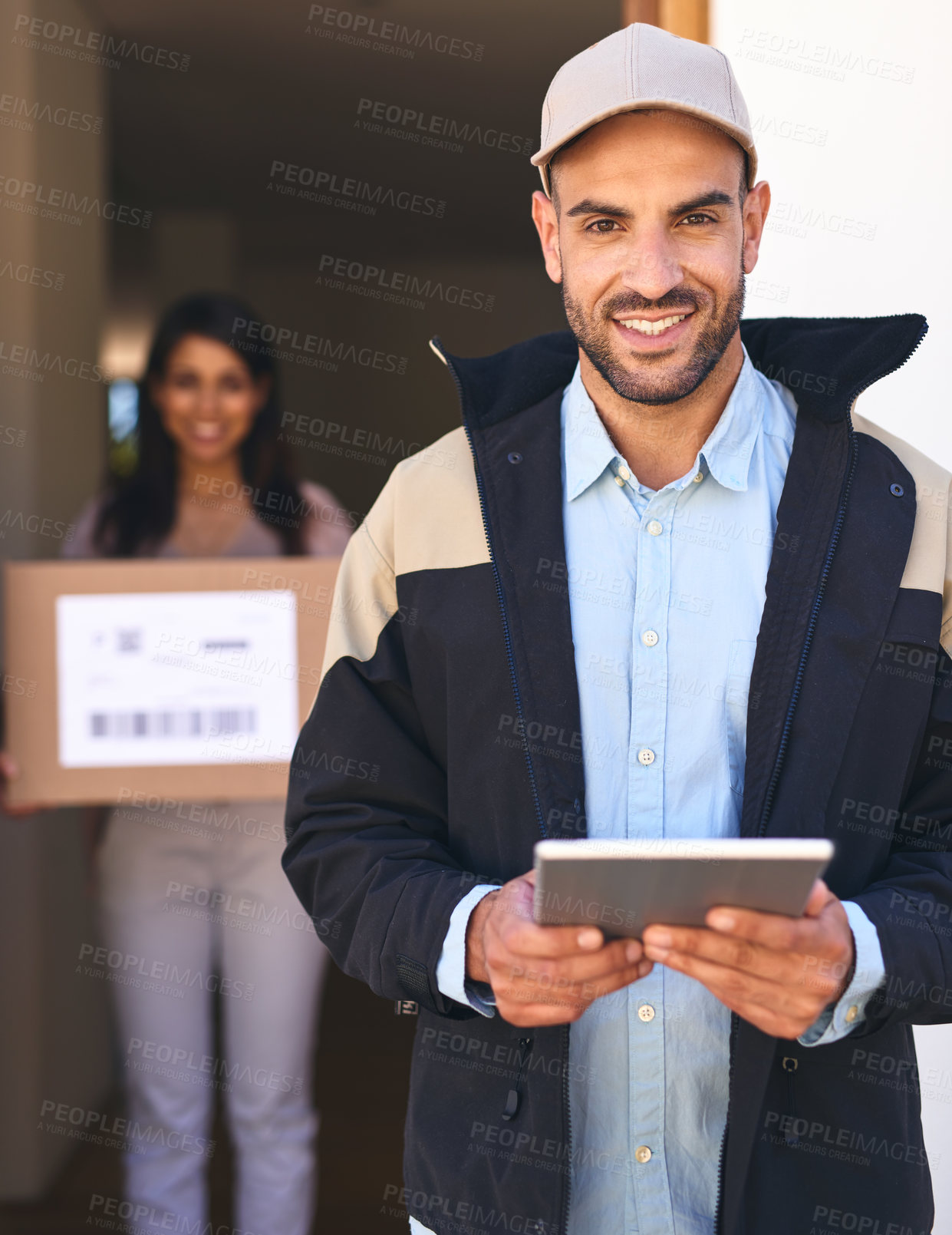 Buy stock photo Delivery, man and portrait with package, tablet and logistics for parcel and technology. Post officer, home or person for distribution, shipping and woman for online shopping from courier to door