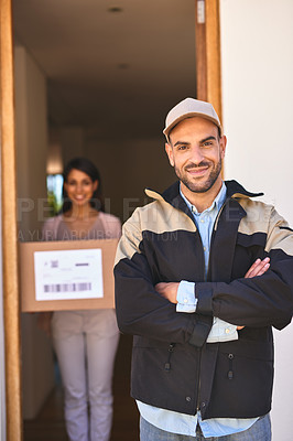 Buy stock photo Portrait of a courier making a delivery to a customer