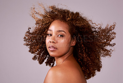 Buy stock photo Afro, hair and portrait of black woman in studio with confidence, pride and salon. Natural haircare, curls and hairstyle on female model with growth, style and keratin treatment and pink background