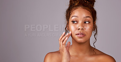 Buy stock photo Woman, studio and beauty or thinking with skin care, cosmetology or makeup cosmetics for glowing face. Spa, facial treatment for self love, dermatology and vision with mock up or isolated background
