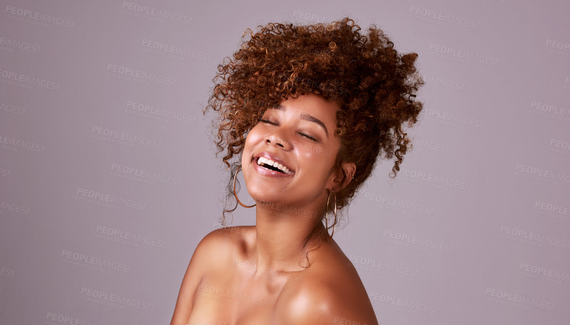 Buy stock photo Beauty, skincare and laugh with woman in studio for hair style, cosmetics or natural makeup. Facial, happy and glow with female model isolated on background for spa mockup, self care or shine