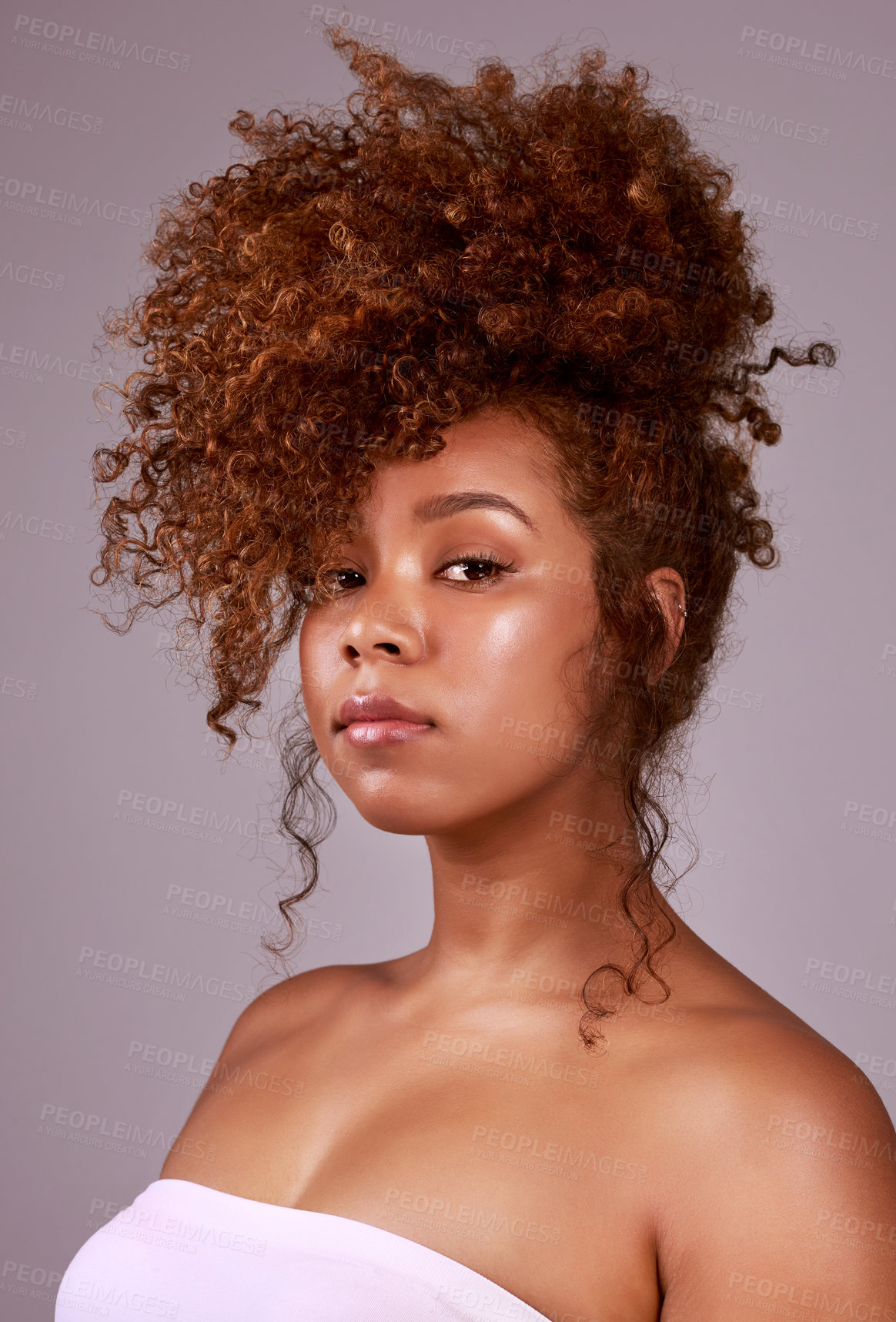 Buy stock photo Afro, hairstyle and portrait of black woman with confidence, pride and elegant salon hair care. Natural haircare, curls and style on female model with growth, keratin and treatment on pink background