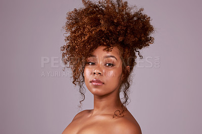 Buy stock photo Beauty, skincare and glow with portrait of woman in studio for hair style, cosmetics or natural makeup. Facial, model and face with female model isolated on background for mockup, self care or shine