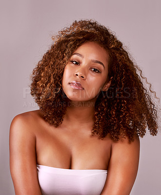 Buy stock photo Portrait, hair care and black woman with beauty, shampoo and wellness on pink studio background. Face, person and model with healthy scalp, glow and shine with cosmetics, luxury grooming or aesthetic