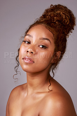 Buy stock photo Woman, portrait and cosmetics or beauty in studio with glowing skin, facial treatment or dermatology. Skincare, model or person with confidence, healthy hair and self care routine on beige background