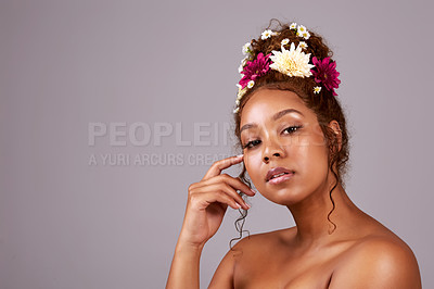 Buy stock photo Beauty, black woman and natural care portrait with eco friendly makeup and flowers in studio. Mockup, floral crown and blossom with wellness and dermatology treatment with ethical source of cosmetics