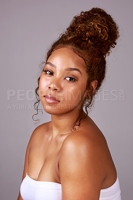 Buy stock photo Latino woman, portrait and skincare or beauty in studio with glowing skin, facial treatment or dermatology. Cosmetics, model or person with confidence, healthy hair and self care on beige background