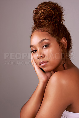 Buy stock photo Woman, face and skincare or serious with natural beauty in studio for glow skin, facial treatment and dermatology. Cosmetics, model and person or portrait, healthy hair and mockup on beige background