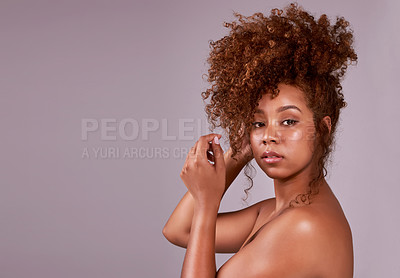 Buy stock photo Beauty, skincare and mockup with portrait of woman in studio for hair style, cosmetic or natural makeup. Facial, model and glow with African model isolated on background for space, self care or shine