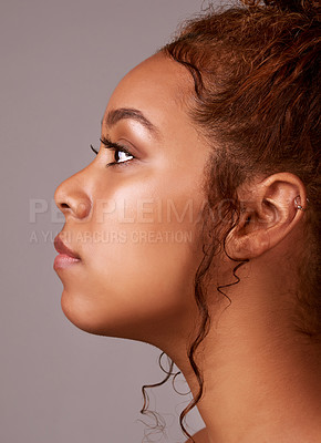 Buy stock photo Curls, hair and profile of black woman in studio with confidence, pride and natural beauty. Cosmetics, curls and hairstyle on female model with growth, style and keratin treatment on pink background